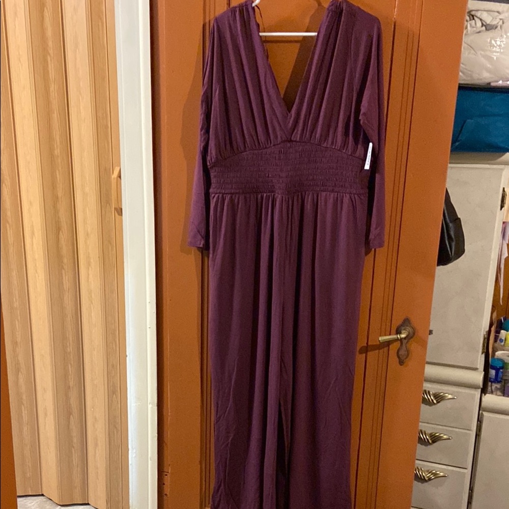 Old Navy Purple Ruched Jumpsuit V-Neck Bishop Sleeve
